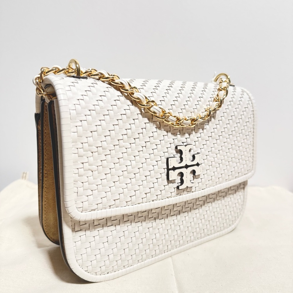 Leather Woven Shoulder Bag with Gold Chain